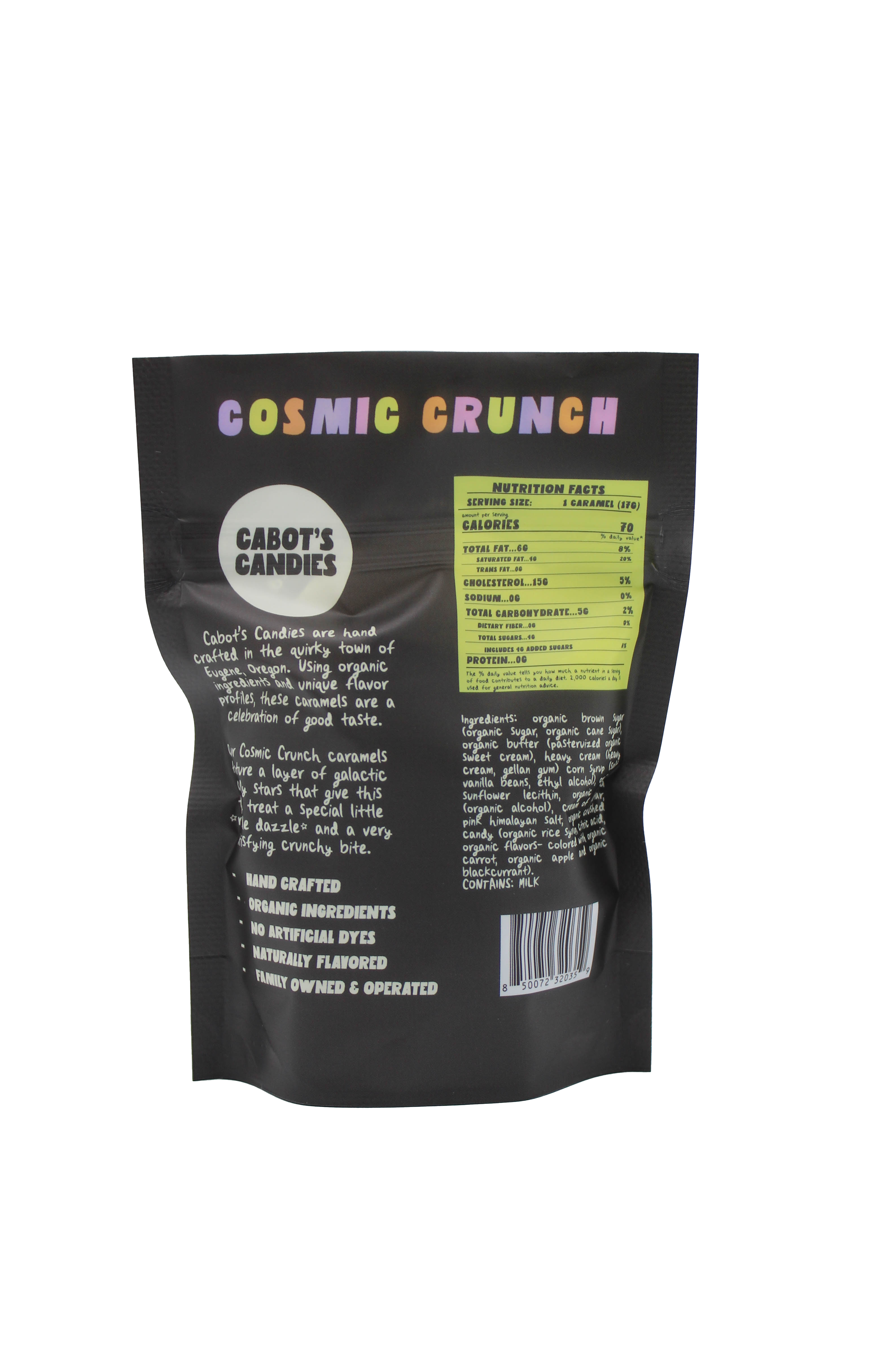 The back of a black resealable pouch of Casot's Candies 'Cosmic Crunch' candy, featuring colorful text, a yellow nutrition facts panel, and product details on a white background.