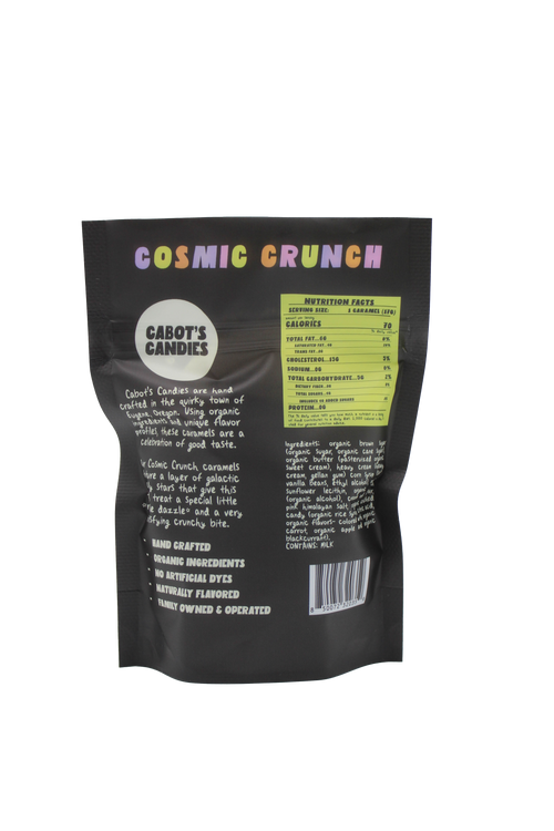 The back of a black resealable pouch of Casot's Candies 'Cosmic Crunch' candy, featuring colorful text, a yellow nutrition facts panel, and product details on a white background.