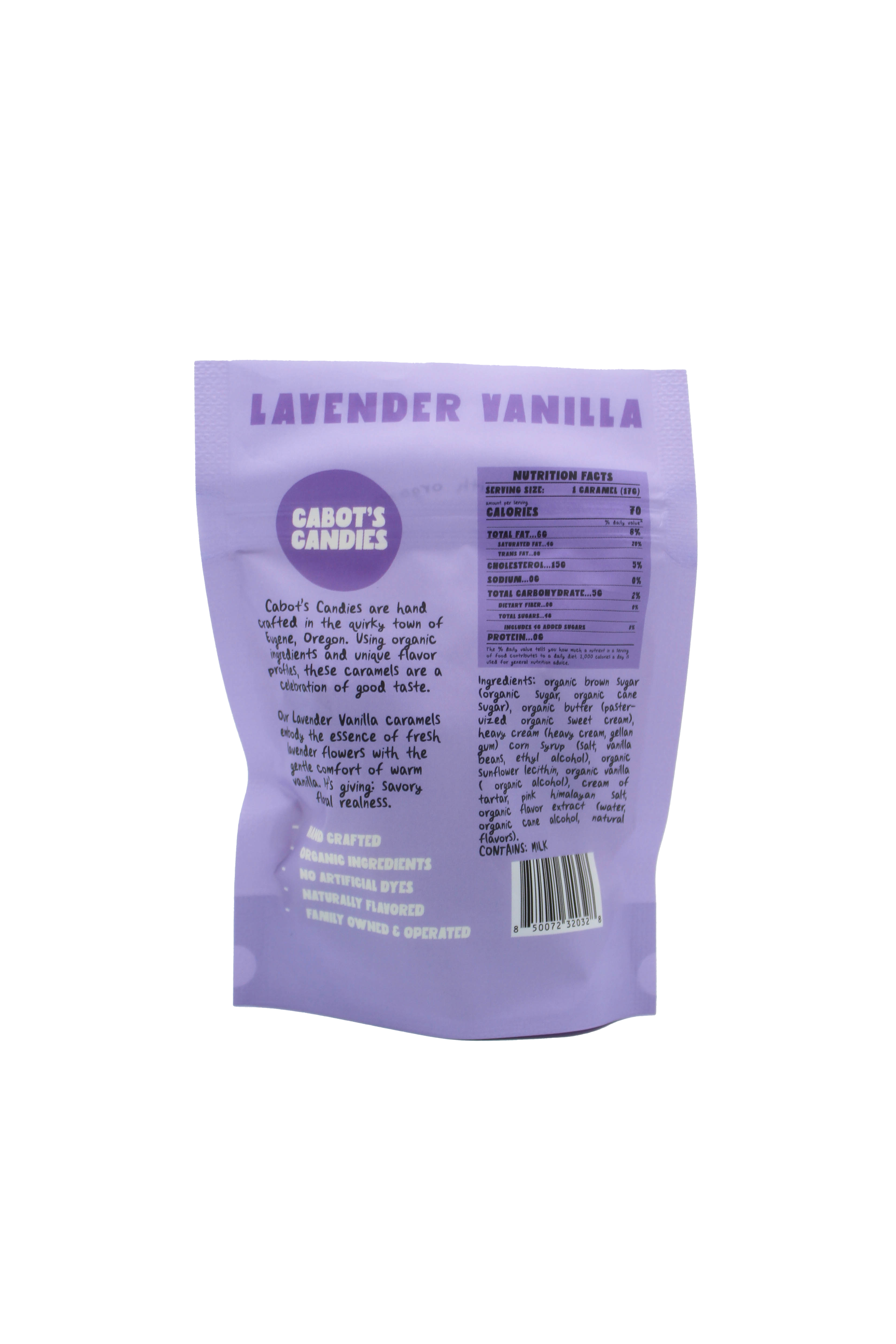 A purple bag of Carbot's Candies 'Lavender Vanilla' candy, showing the back of the packaging with product details, ingredients, and a barcode.