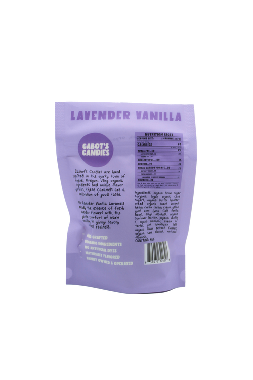 A purple bag of Carbot's Candies 'Lavender Vanilla' candy, showing the back of the packaging with product details, ingredients, and a barcode.