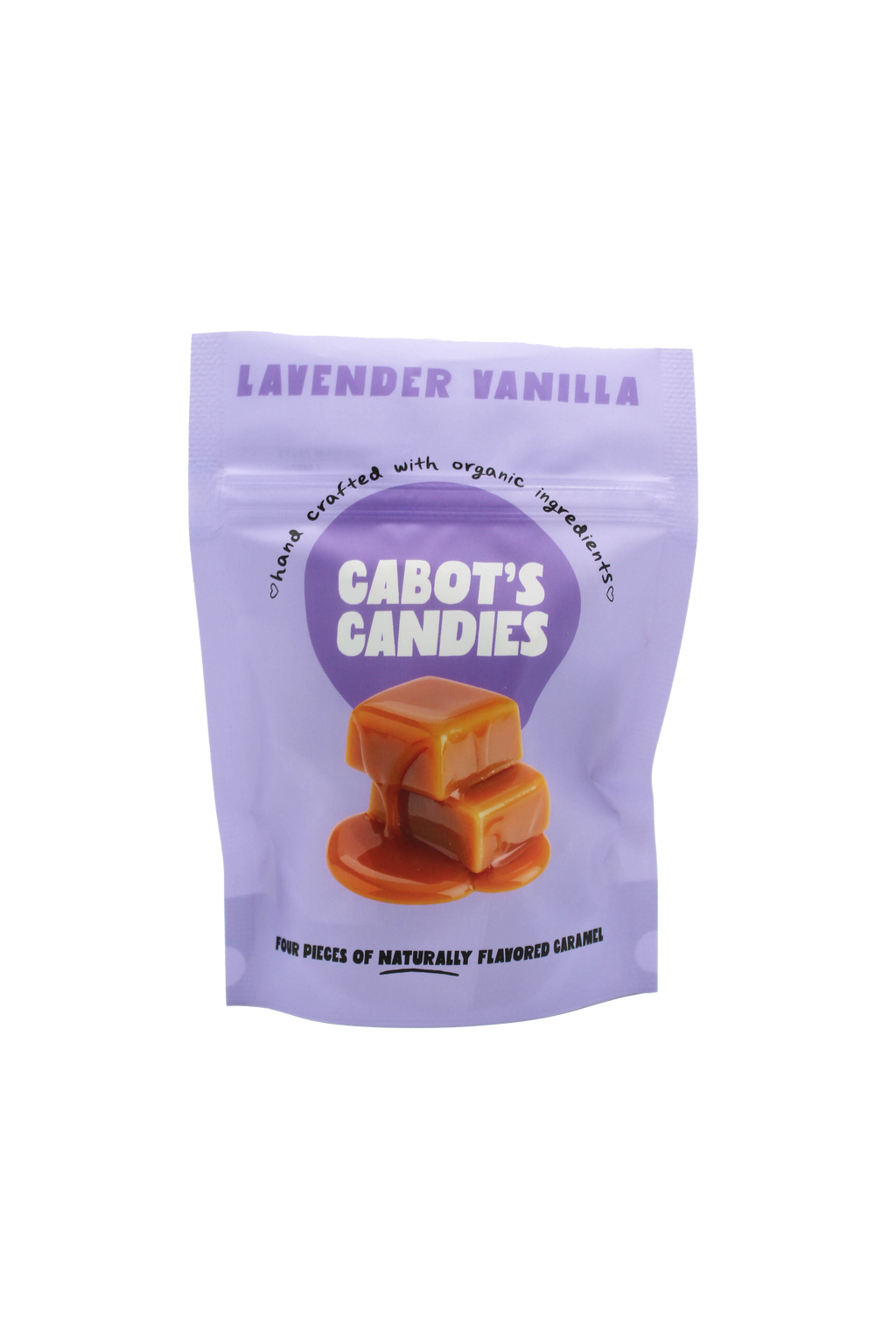 A lavender vanilla-flavored candy pouch by Cabot's Candies, featuring a graphic of two caramel candies on the front, set against a plain white background.