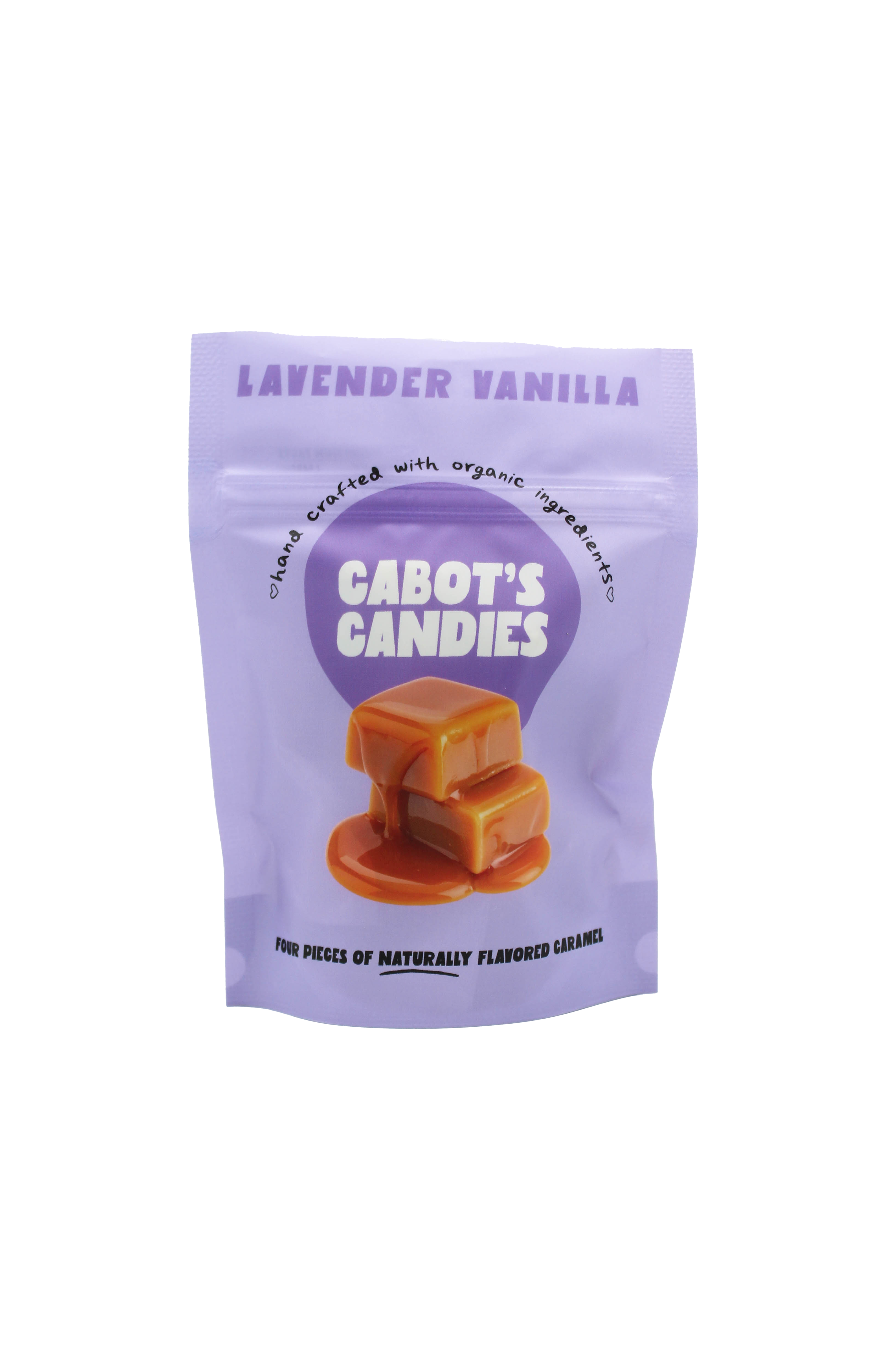 A lavender vanilla-flavored candy pouch by Cabot's Candies, featuring a graphic of two caramel candies on the front, set against a plain white background.