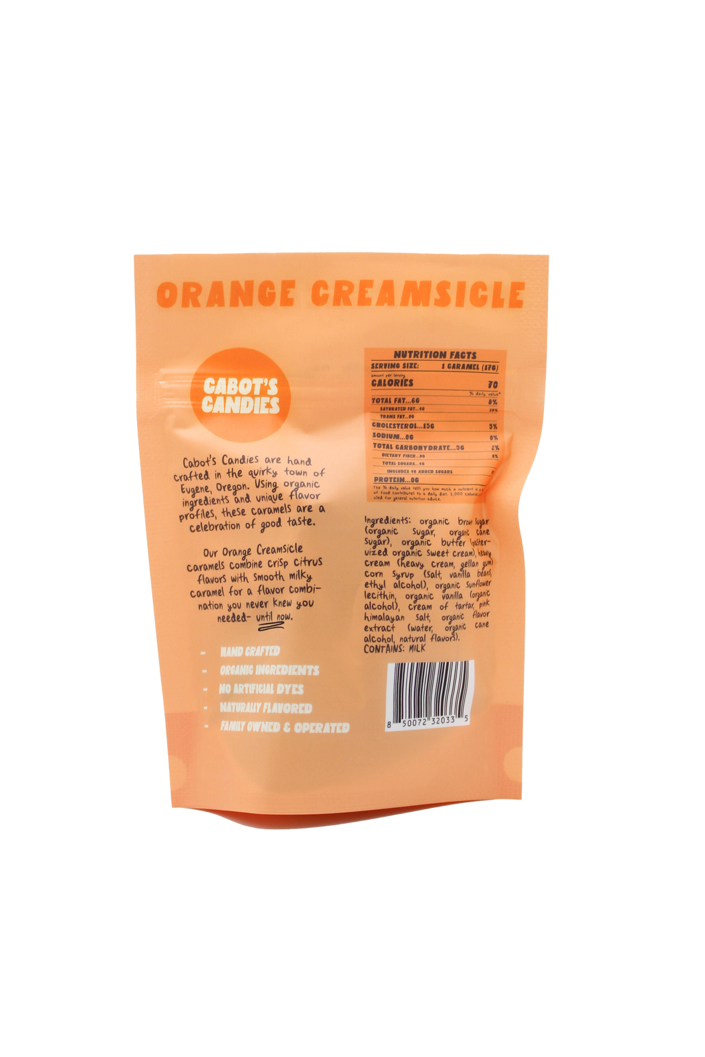 The back of an orange resealable candy bag from Cabot's Candies, featuring product details, nutrition facts, ingredients, and a barcode on a white background.