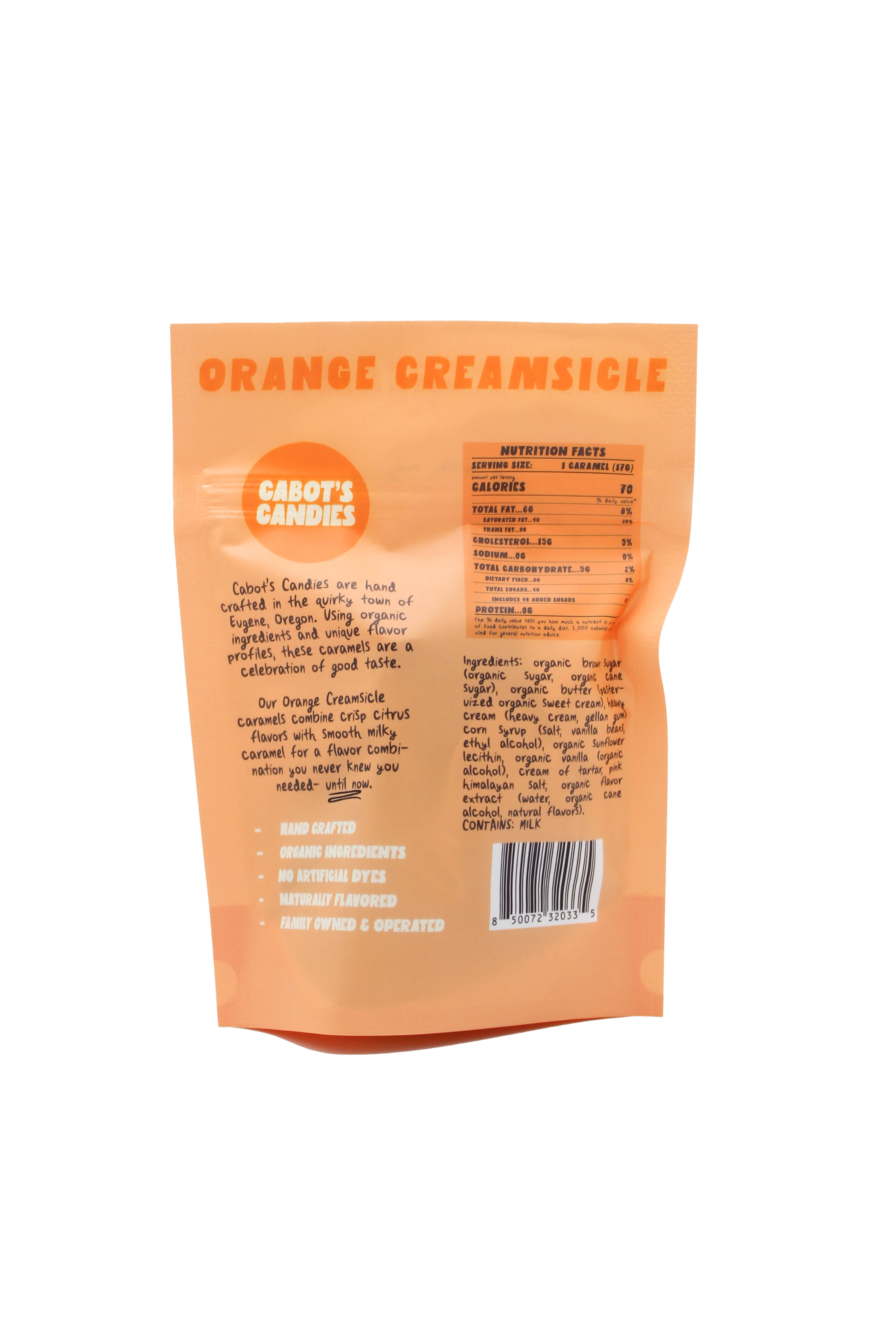 The back of an orange resealable candy bag from Cabot's Candies, featuring product details, nutrition facts, ingredients, and a barcode on a white background.