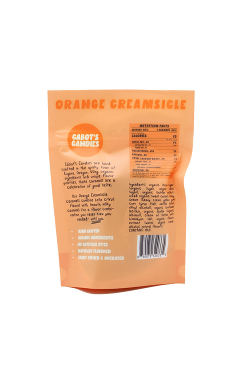 The back of an orange resealable candy bag from Cabot's Candies, featuring product details, nutrition facts, ingredients, and a barcode on a white background.