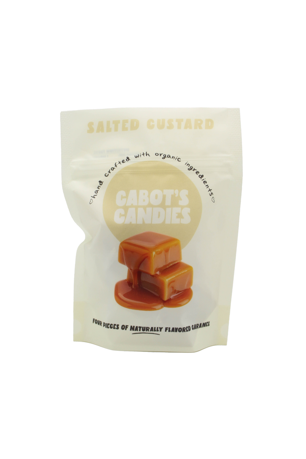 A stand-up pouch of Cabot's Candies Salted Custard caramel pieces, featuring a cream-colored background with a central tan circle and an illustration of two caramel squares.