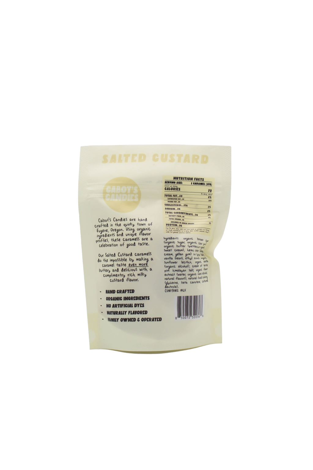 The back of a resealable stand-up pouch for Salted Custard Caramels, showing the nutrition facts panel, ingredients list, and barcode on a solid white background.