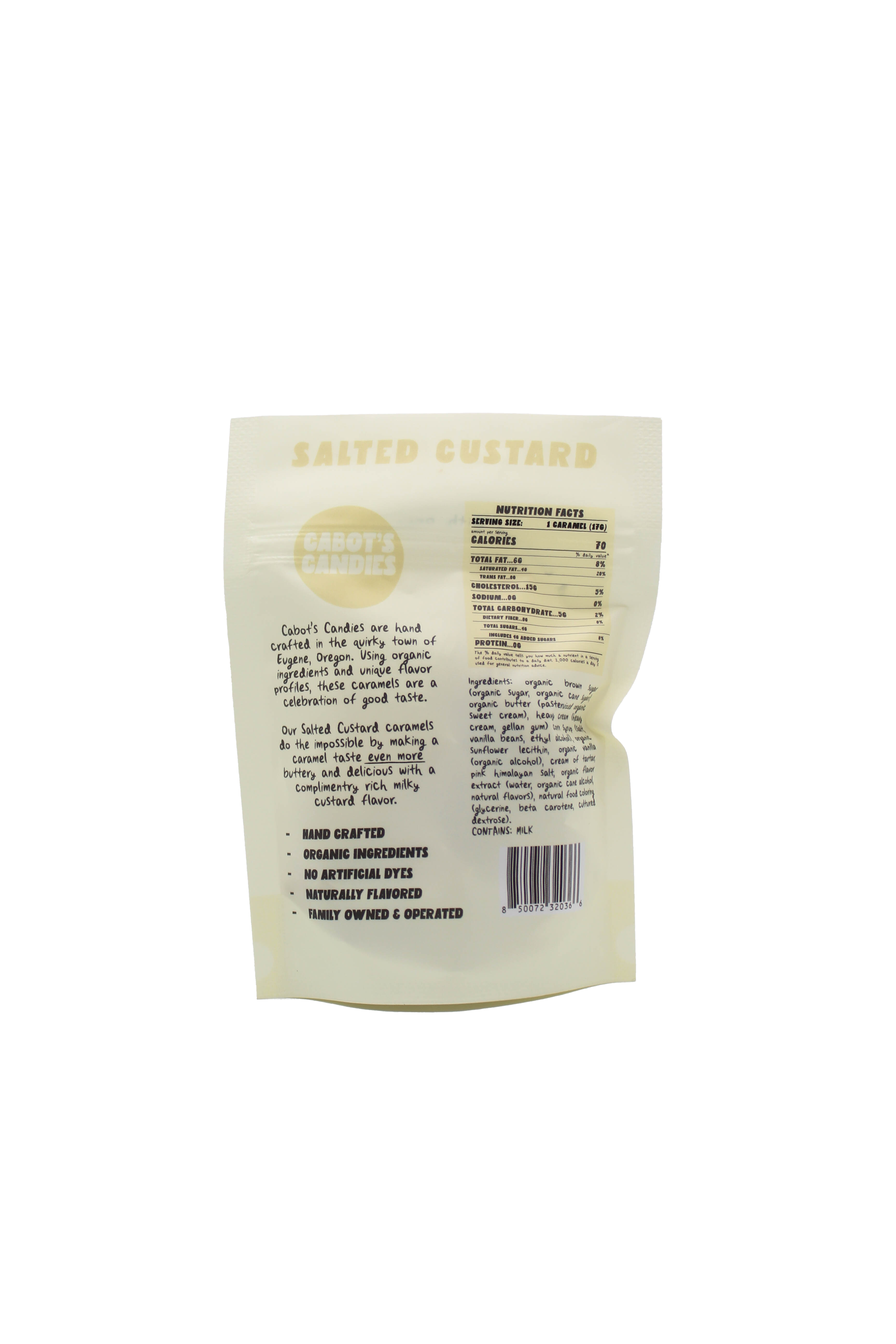 The back of a resealable stand-up pouch for Salted Custard Caramels, showing the nutrition facts panel, ingredients list, and barcode on a solid white background.