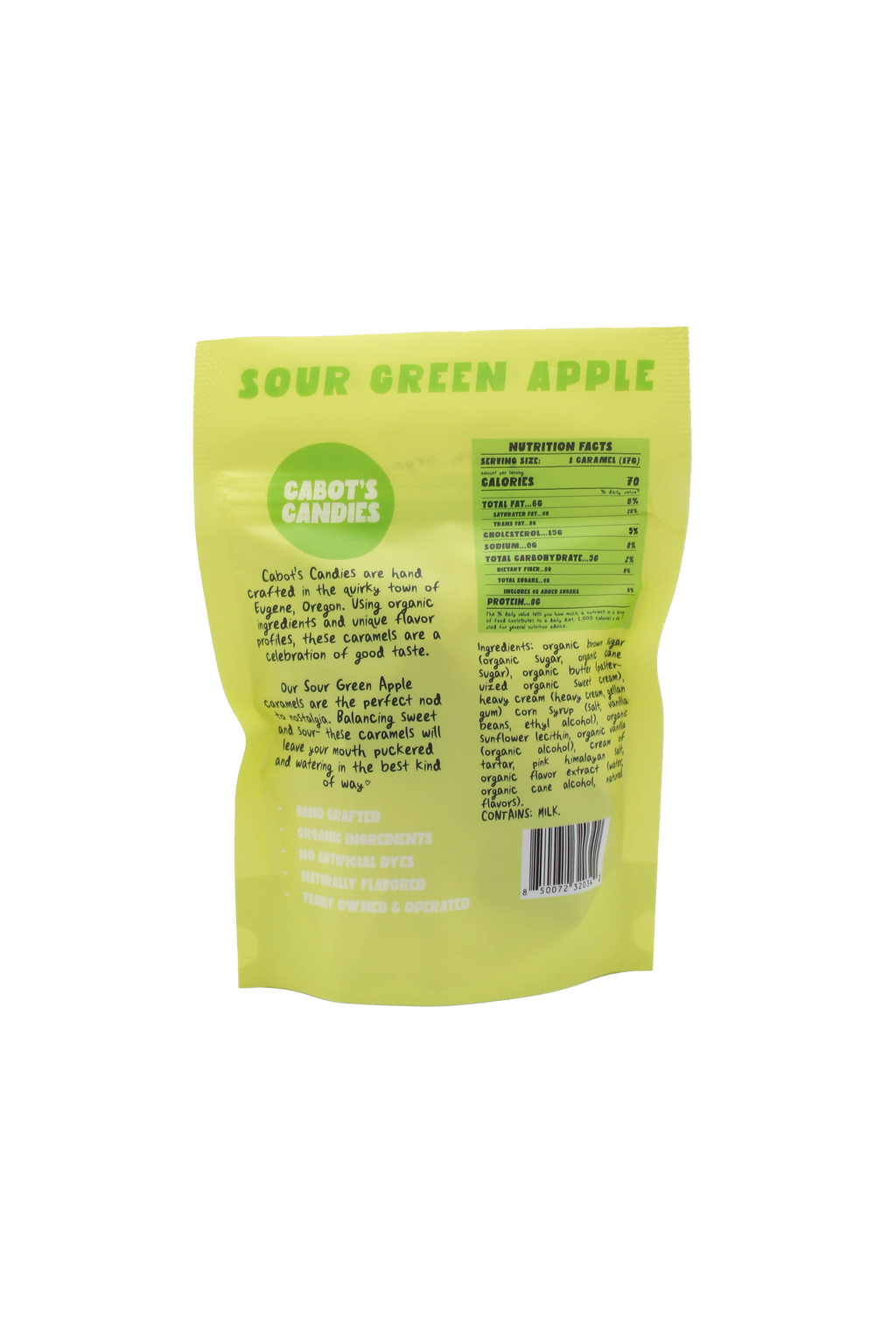 A bright yellow-green bag of Carot's Candies 'Sour Green Apple' flavor, showing the back side with product details, nutrition facts, and a barcode.