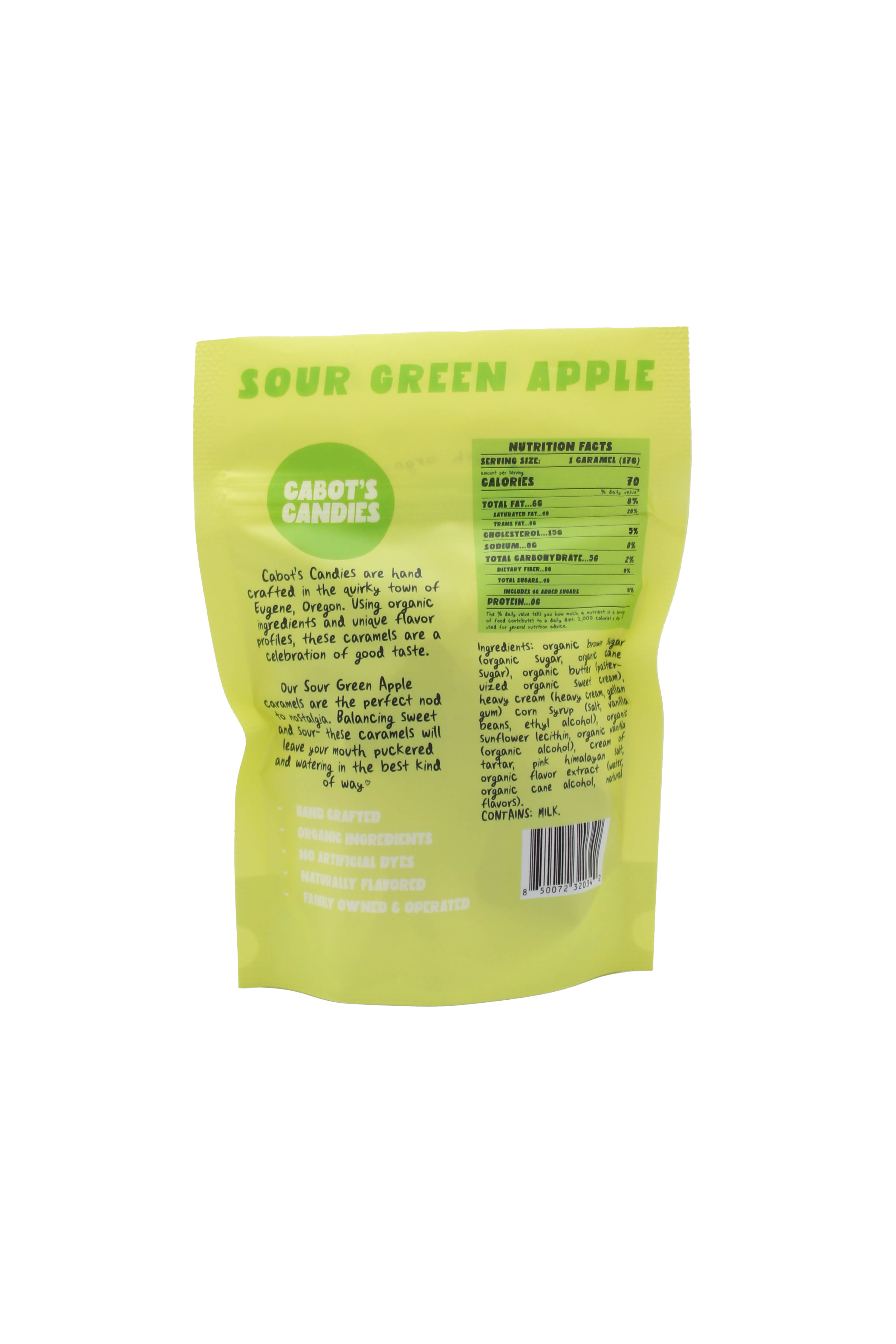A bright yellow-green bag of Carot's Candies 'Sour Green Apple' flavor, showing the back side with product details, nutrition facts, and a barcode.