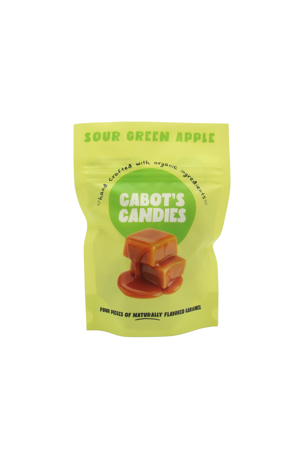 A stand-up pouch of Cabot's Candies Sour Green Apple caramel candies, featuring a bright green package with a green circular logo and an image of caramel pieces on a white background.