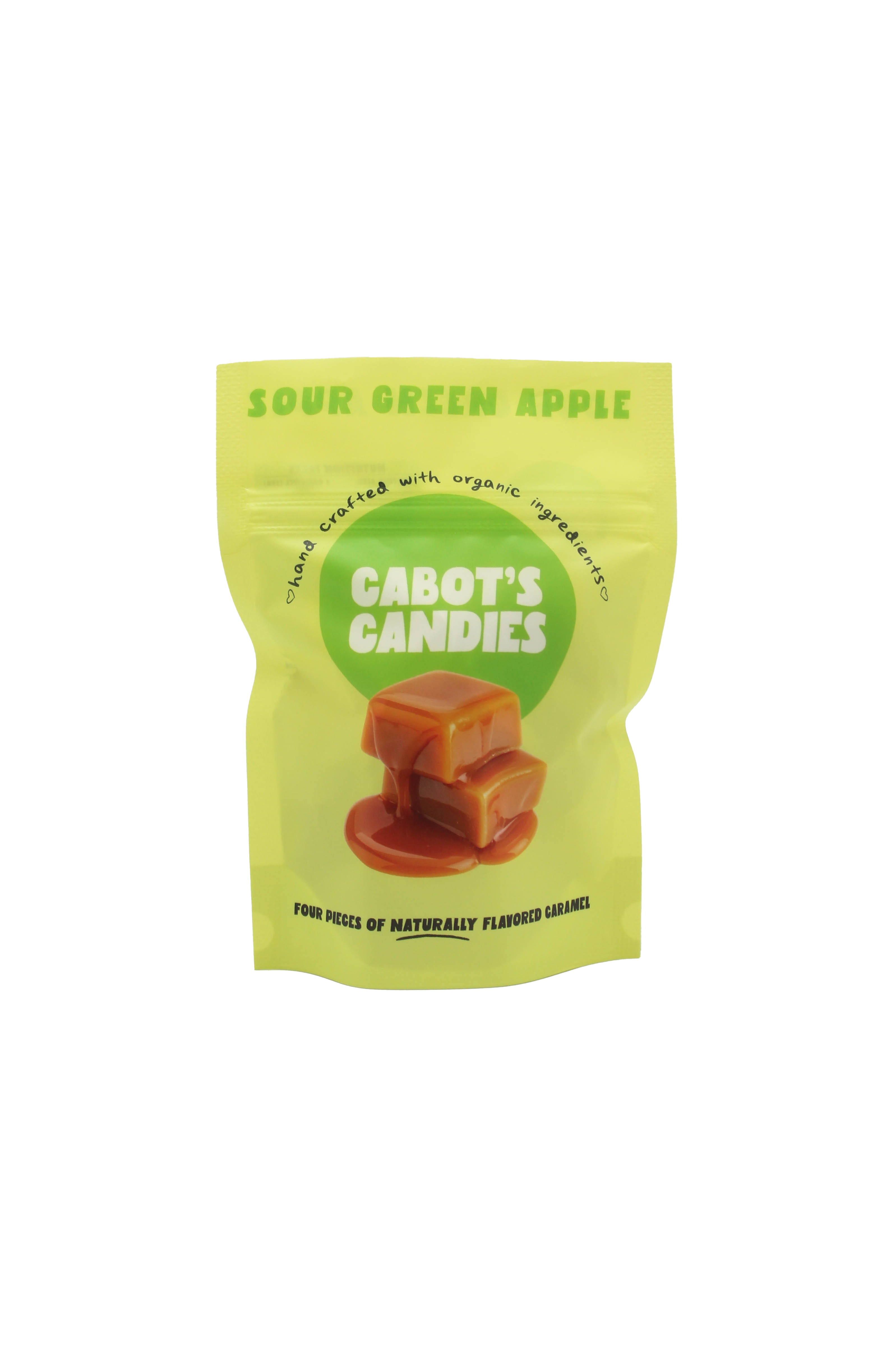 A stand-up pouch of Cabot's Candies Sour Green Apple caramel candies, featuring a bright green package with a green circular logo and an image of caramel pieces on a white background.